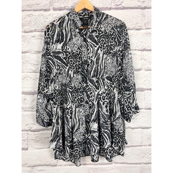 ALI MILES Women's S Grey Crinkle Animal Print Button Front Roll Tab Artsy Tunic - Picture 2 of 11